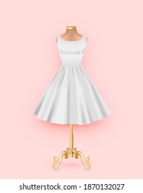 Mock up of White dress on a mannequin. Realistic 3D female clothing without sleeves with a full skirt with pleats, isolated on a pink background. Vector illustration