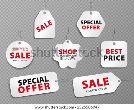 Mock up of white SALE tags with string for hanging on transparent background. Template of various discount paper labels for shopping. Cardboard stickers with text - Special offer, shop now, best price