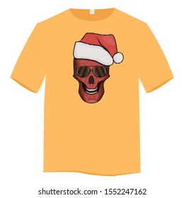 mock up yellow shirt with cool print. red skull in a Christmas hat on a white background. Sticker, Print.