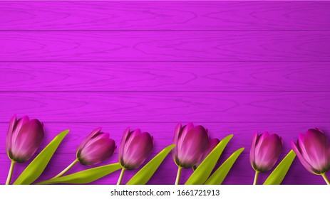 Mock up for your text copy space. Template for design banner or promotion poster. Purple wood texture background with realistic tulips and shadows. Vector trend eps10
