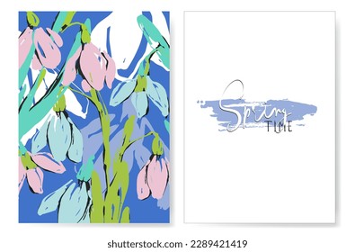 Mocket of a spring card with hand-drawn snowdrops. Abstract floral background and inscription hello spring. Vector illustration in blue and pink colors. Design for printing, weddings, invitations.