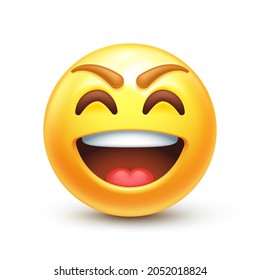 Emoji verspotten. Emoticon-Lachen mit einer Spott, einem Spott oder einem lachenden Gesicht mit rundem Augenbrauen, Vektorgrafik