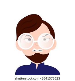 mocking expression. expression face of a man with glasses and a beard illustration. emoticon, emoji, expression face