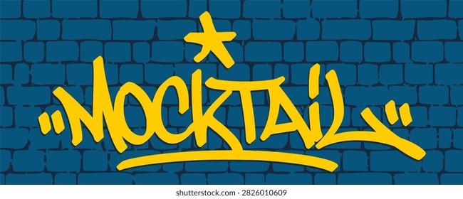 Mocktail beverage text word written in a hand drawn urban graffiti tag calligraphy style. Street art typography with a vibrant yellow non alcoholic drink concept on a blue brick wall clip art.