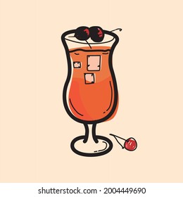 Mocktail Drink In Doodle Style. Hand Drawn For Mocktail Drink In Glass.