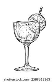 Сocktail or mocktail, hand drawn retro vector illustration. A drink in a glass with a high stem. Alcoholic or non-alcoholic cocktail. For bar menu design, vintage sketch on white background
