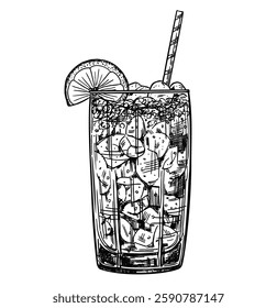 Сocktail or mocktail, hand drawn retro vector illustration. A drink in a glass with  ice. Alcoholic or non-alcoholic cocktail. For bar menu design, vintage sketch on white background