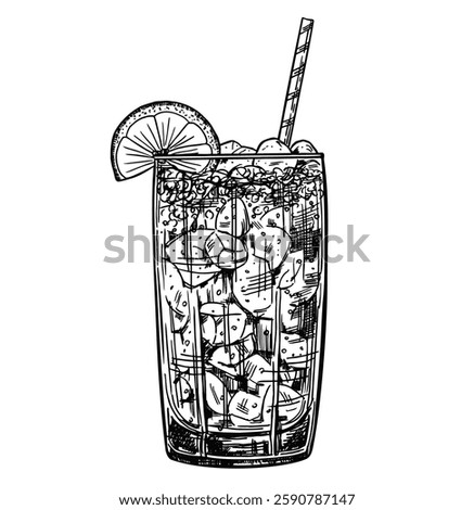 Сocktail or mocktail, hand drawn retro vector illustration. A drink in a glass with  ice. Alcoholic or non-alcoholic cocktail. For bar menu design, vintage sketch on white background