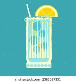 Mocktail with lemon. Cool drink with gin tonic and ice balls. Vector illustration with texture and noise in retro style. Elegant glass beverage with straw. Alcohol cocktail tropical. Glass design