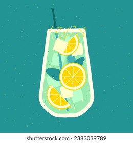 Mocktail with lemon. Cool drink with gin tonic and ice cubes. Vector illustration with texture and noise in retro style. Tall glass mint beverage with straw. Alcohol citrus tropical cocktail