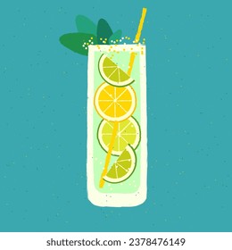 Mocktail with lime and lemon. Bright drink with mint. Vector illustration with texture and noise in retro style. Tall glass non-alcoholic beverage with straw. Alcohol citrus tropical cocktail