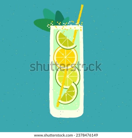 Mocktail with lime and lemon. Bright drink with mint. Vector illustration with texture and noise in retro style. Tall glass non-alcoholic beverage with straw. Alcohol citrus tropical cocktail