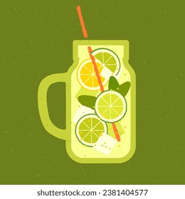 Mocktail with lime and lemon. Cool non-alcoholic drink with mint and ice cubes. Vector illustration with texture and noise in retro style. Glass with handle and straw. Alcohol citrus tropical cocktail