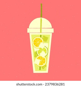 Mocktail with lime and lemon. Juicy soft drink with ice cubes. Vector illustration with texture and noise in retro style. Plastic glass with straw. Alcohol citrus tropical cocktail