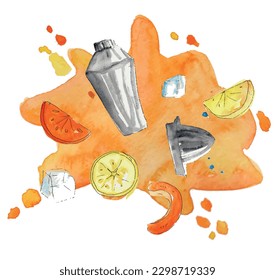 Mocktail non alcoholic cocktail, juice, drink, liquid, splash, lemon, orange. Watercolor illustration. Isolated vector.