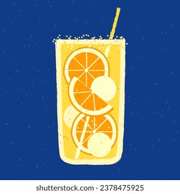 Mocktail with orange. Cool drink with ice balls. Vector illustration with texture and noise in retro style. Tall glass beverage with straw. Aperol. Aperitif. Alcohol citrus tropical cocktail