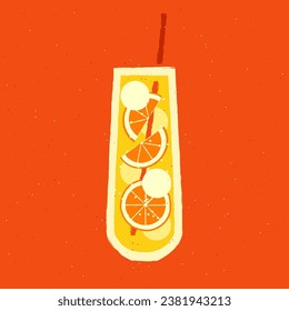 Mocktail with orange fruit. Bright drink with ice balls. Vector illustration with texture and noise in retro style. Tall glass non-alcoholic juicy beverage with straw. Alcohol citrus tropical cocktail