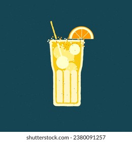 Mocktail with orange fruit. Cool drink with ice ball. Vector illustration with texture and noise in retro style. Tall glass banana liquid with straw. Aperol. Aperitif. Alcohol citrus tropical cocktail