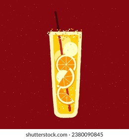 Mocktail with orange fruit. Juice drink with banana. Vector illustration with texture and noise in retro style. Tall glass non-alcoholic beverage with straw. Alcohol citrus tropical cocktail