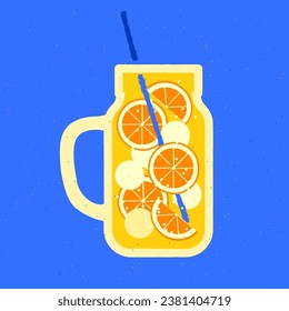 Mocktail with orange fruit. Juicy non-alcoholic with Aperol and ice balls. Vector illustration with texture and noise in retro style. Glass with handle and straw. Alcohol citrus tropical cocktail