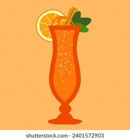 Mocktail with orange, mint, zest and cinnamon. Hurricane glass. Orange refreshing cocktail in glass on stem. Alcohol drink with citrus. Vector flat