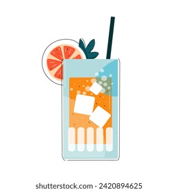 Mocktail with orange. Non-alcoholic cocktail with citrus fruits and mint. Beach kitchen. Cool summer drinks. Vector illustration in the retro flat style.