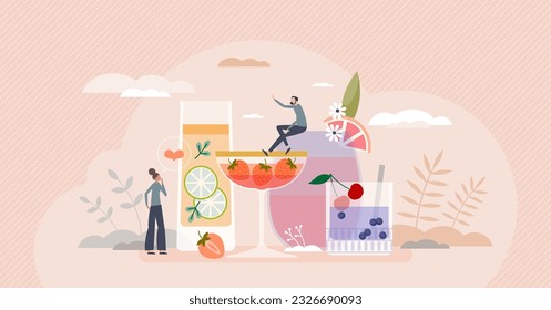 Mocktails as cold and fresh drink with berries and fruits tiny person concept. Healthy non alcoholic alternative to classical cocktails in summer vector illustration. Colorful lemonade for party.