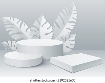 Mockup 2 cylindrical and 1 rectangular podiums with leaves for product presentation on white color background