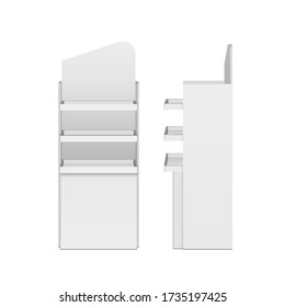 Mockup 3D Cardboard Retail Display Stand Floor Rack, Shelf, Shelves For Supermarket Blank Empty. Illustration Isolated On White Background. Mock Up Template 