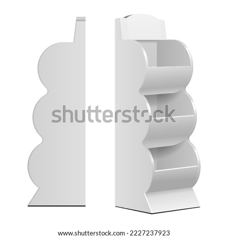 Mockup 3D Cardboard Retail Display Stand Floor Rack, Shelf, Shelves For Supermarket Blank Empty. Illustration Isolated On White Background. Mock Up Template 