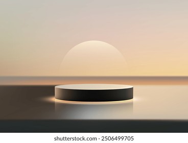 Mockup of a 3D Circular Platform Illuminated at Sunrise, Minimalist Product Display in Soft Gradient Background for Modern Showcase, Nature Inspired Showroom, and Elegant Presentations