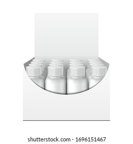Mockup 3D Display Holder Box Cardboard Filled Blank With Bottles, Cans, Jars. Cosmetic, Vitamins, Nutritional Supplements. Mock Up, Template. Mock Up Packing.