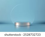 Mockup of a 3D Metallic Podium with Circular Glass Dome on Blue Background, Luxury Product Display in Minimalist and Modern Design for Elegant Showcase or Showroom