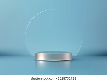 Maqueta de un podio metálico 3D con cúpula de vidrio circular sobre fondo azul, pantalla de Producto de lujo en diseño minimalista y moderno para escaparate o sala de exposición elegante