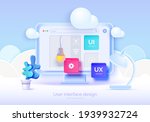 Mockup 3D monitor with user interface elements for web design Software creator. User interface, user experience design. A set of tools for creating UI UX. Web development. Vector illustration 3D style