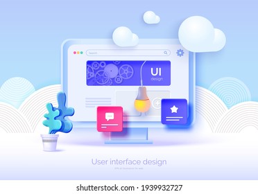 Mockup 3D Monitor With User Interface Elements For Web Design Software Creator. User Interface, User Experience Design. A Set Of Tools For Creating UI UX. Web Development. Vector Illustration 3D Style