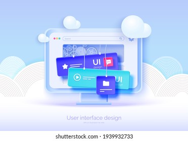 Mockup 3D monitor with user interface elements for web design Software creator. User interface, user experience design. A set of tools for creating UI UX. Web development. Vector illustration 3D style