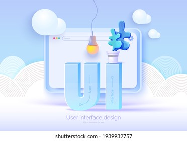 Mockup 3D monitor with user interface elements for web design Software creator. User interface, user experience design. A set of tools for creating UI UX. Web development. Vector illustration 3D style