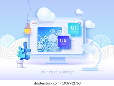 Mockup 3D monitor with user interface elements for web design Software creator. User interface, user experience design. A set of tools for creating UI UX. Web development. Vector illustration 3D style