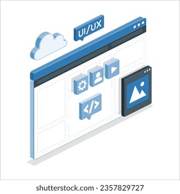 Mockup 3D monitor with user interface elements for web design Software creator. User interface, user experience design. A set of tools for creating UI UX. Web development. Vector illustration. 2451
