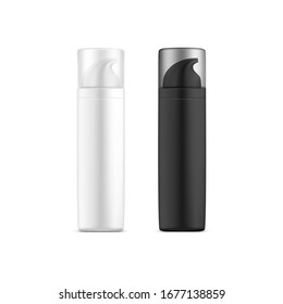 Mockup Of 3d Vector Bottle That Contains Liquid Soap Or Shampoo Dispenser, Body Oil Or Cosmetic Cream, Beauty Lotion Or Shaving Foam, Gel For Skin Care Or Face Hygiene Mousse. Package Design Template