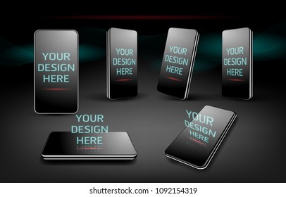 The mockup of 6 smartphones design style on Black background. vector concept illustration, eps10.