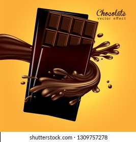 Mockup advertising design. Two bars of chocolate in a torn wrap in a stream of liquid chocolate. 3D vector. High detailed realistic illustration