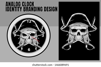 mockup analog clock,identity branding design,pirate skull and sword crossed vector illustration