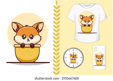 Mockup. baby fox on the bowl illustration