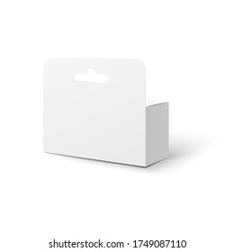 Mocken Sie die Rückseite der weißen Karton-Box mit Hang-Karton, 3D-realistische Vektorgrafik einzeln auf weißem Hintergrund. Muster des Kartonbehälters oder der Verpackung.