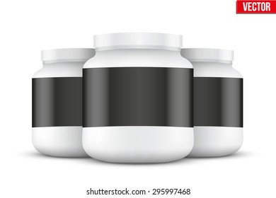 Mock-up Background of Sport Nutrition Container. White Plastic Whey Protein and Gainer. Vector Illustration isolated on white background