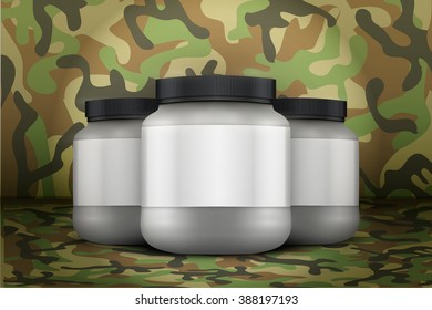 Mockup Background of Sport Nutrition Container. Silver Plastic Whey Protein and Gainer. Vector Illustration on woodland camo background