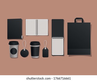 Mockup bag mugs and labels design of corporate identity template and branding theme Vector illustration