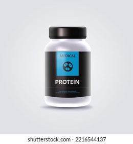 Mockup Banks white Protein sports 3d container. Amino acids Round pack for muscle training. Realistic cylindrical jar with vitamins.